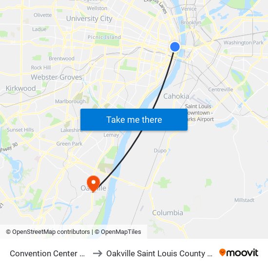 Convention Center Station to Oakville Saint Louis County MO USA map