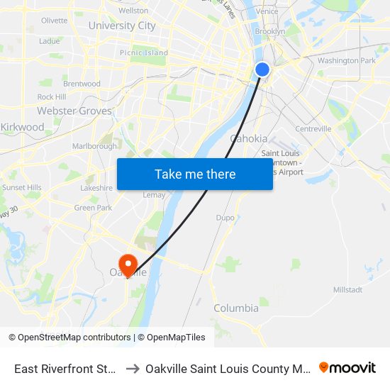 East Riverfront Station to Oakville Saint Louis County MO USA map