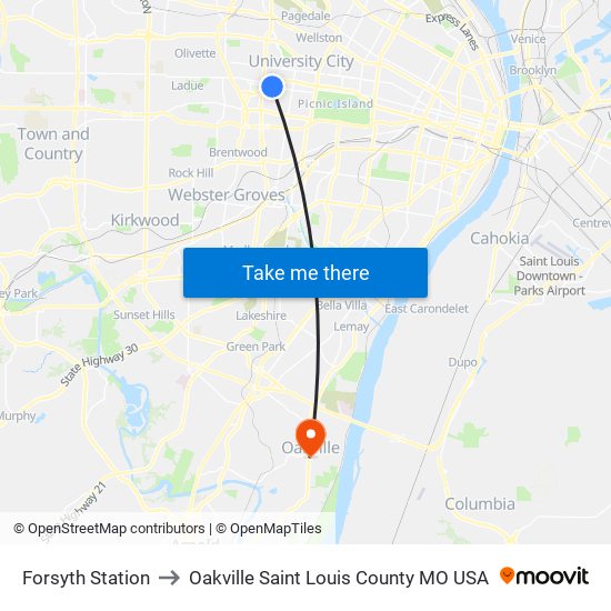 Forsyth Station to Oakville Saint Louis County MO USA map