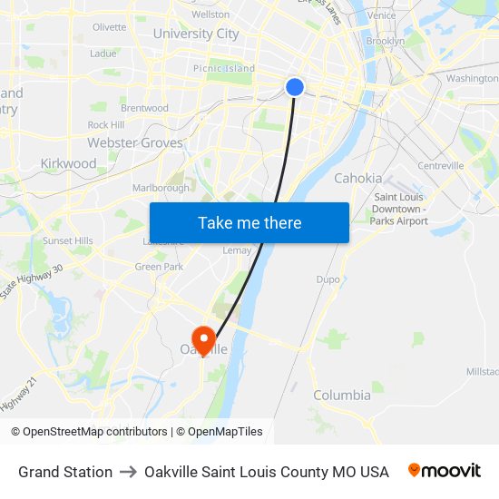 Grand Station to Oakville Saint Louis County MO USA map