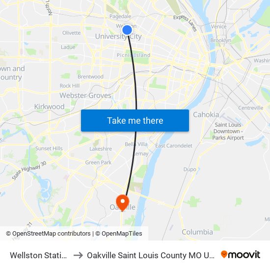 Wellston Station to Oakville Saint Louis County MO USA map