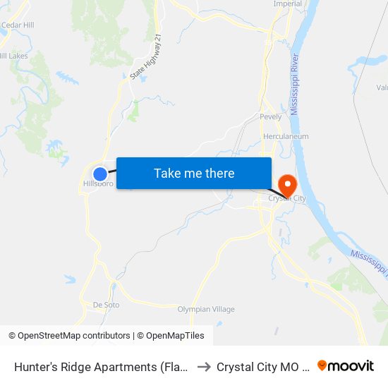 Hunter's Ridge Apartments (Flagstop) to Crystal City MO USA map