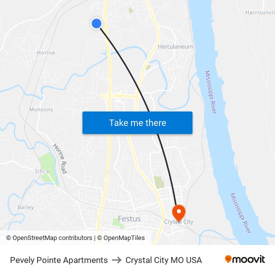 Pevely Pointe Apartments to Crystal City MO USA map