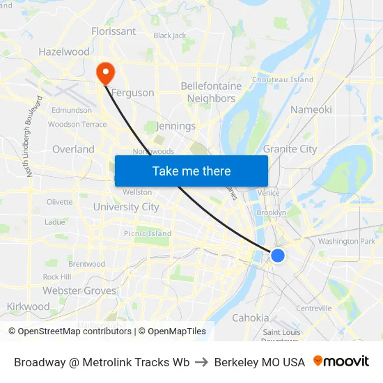 Broadway @ Metrolink Tracks Wb to Berkeley MO USA map