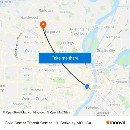 Civic Center Transit Center to Berkeley MO USA map