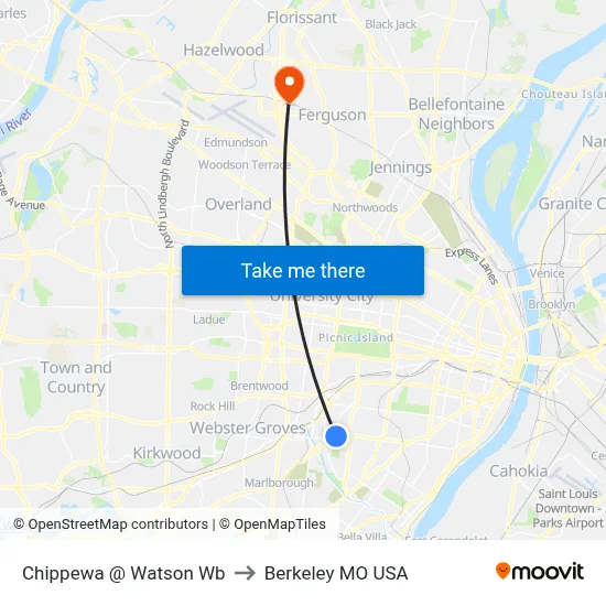 Chippewa @ Watson Wb to Berkeley MO USA map