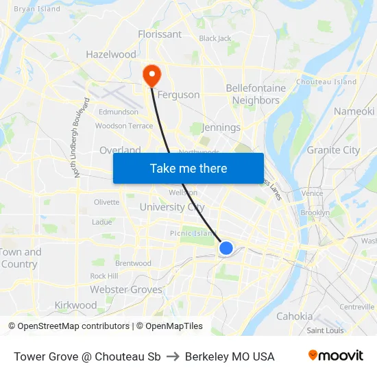Tower Grove @ Chouteau Sb to Berkeley MO USA map