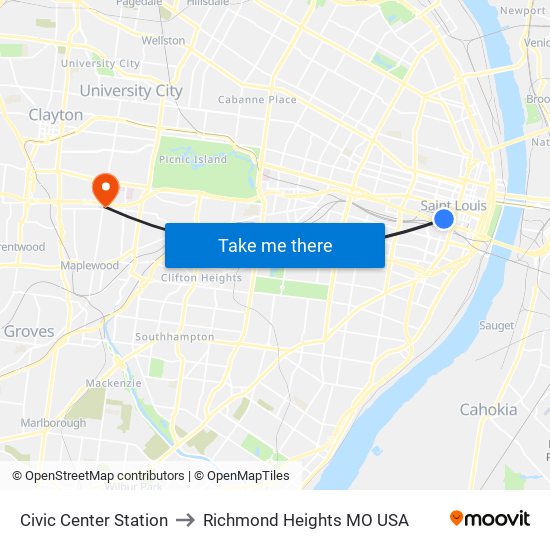 Civic Center Station to Richmond Heights MO USA map
