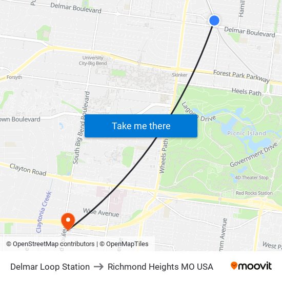 Delmar Loop Station to Richmond Heights MO USA map