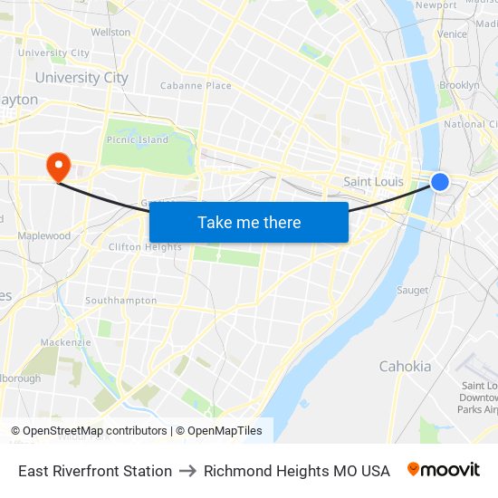 East Riverfront Station to Richmond Heights MO USA map