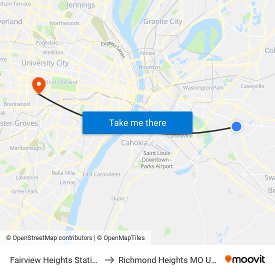 Fairview Heights Station to Richmond Heights MO USA map