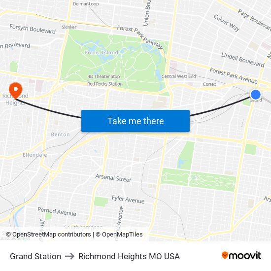 Grand Station to Richmond Heights MO USA map