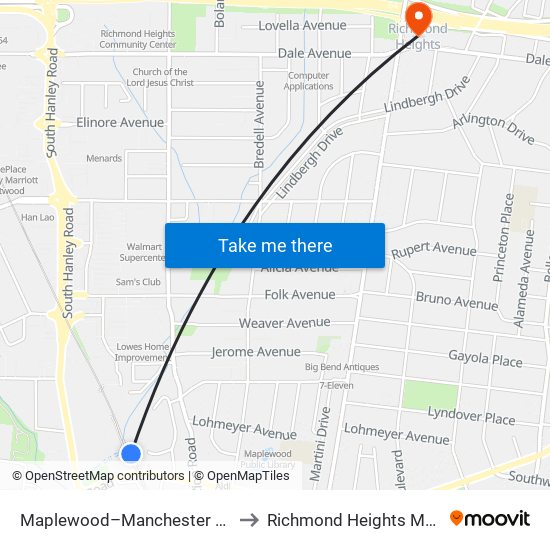 Maplewood–Manchester Station to Richmond Heights MO USA map