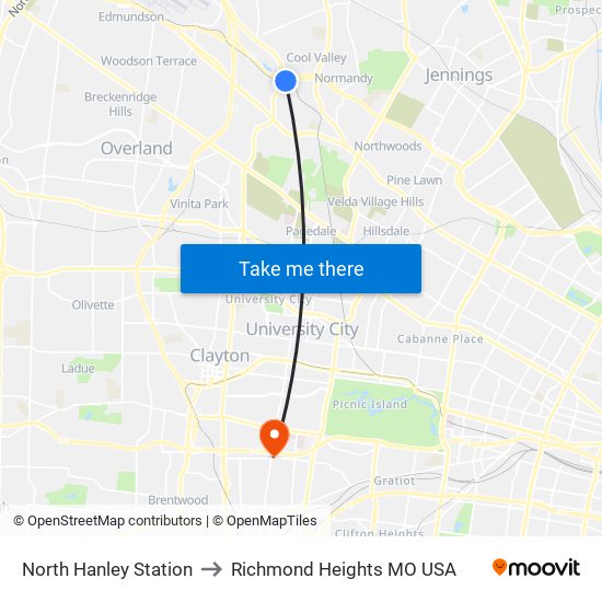 North Hanley Station to Richmond Heights MO USA map