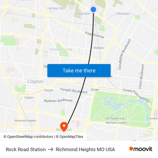 Rock Road Station to Richmond Heights MO USA map