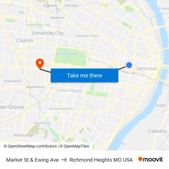 Market St & Ewing Ave to Richmond Heights MO USA map