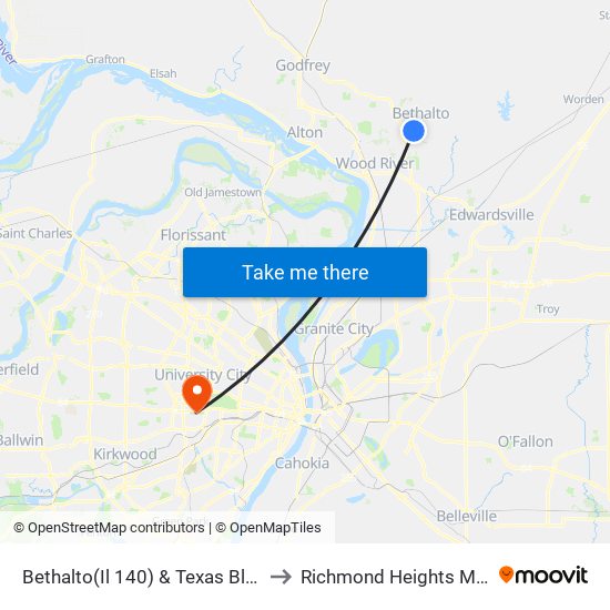 Bethalto(Il 140) & Texas Blvd N / E to Richmond Heights MO USA map