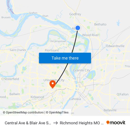 Central Ave & Blair Ave S / W to Richmond Heights MO USA map