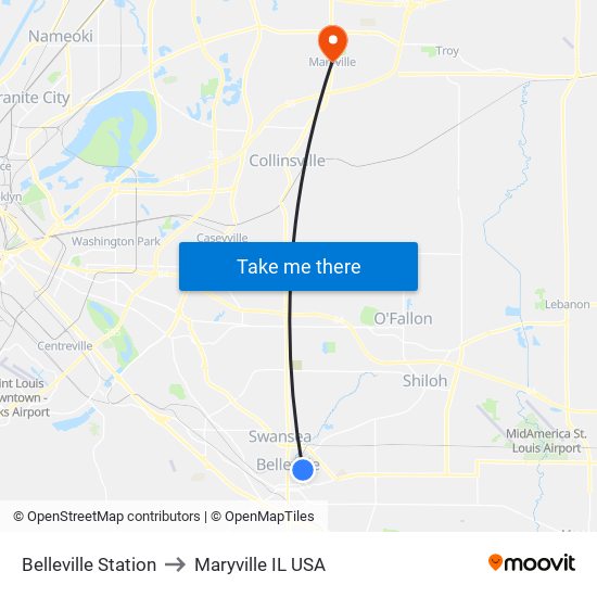 Belleville Station to Maryville IL USA map