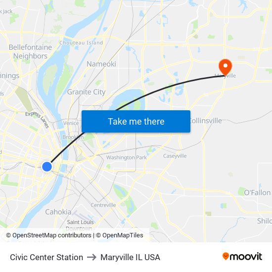 Civic Center Station to Maryville IL USA map