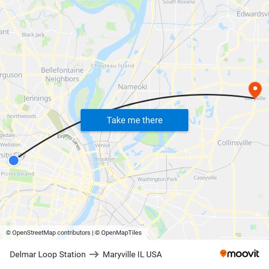 Delmar Loop Station to Maryville IL USA map