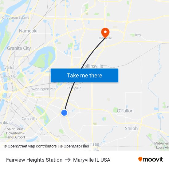 Fairview Heights Station to Maryville IL USA map