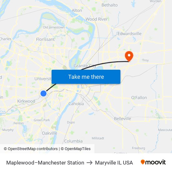 Maplewood–Manchester Station to Maryville IL USA map