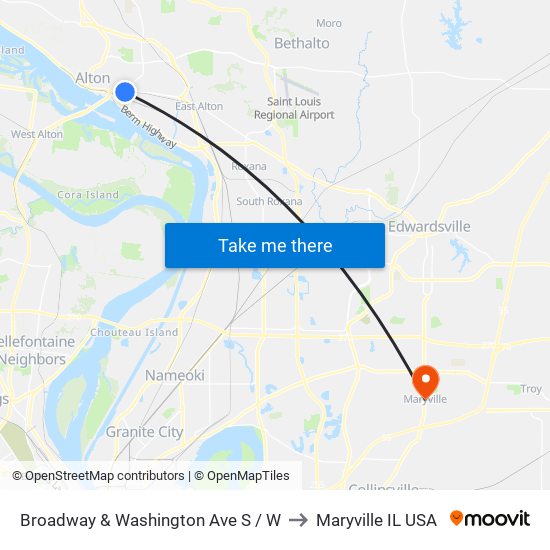 Broadway & Washington Ave S / W to Maryville IL USA map