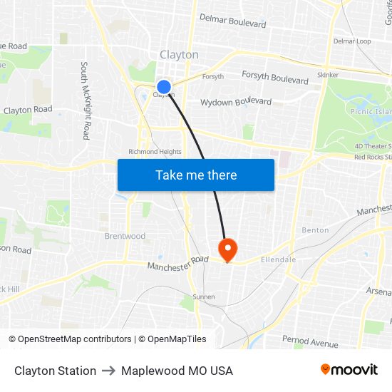 Clayton Station to Maplewood MO USA map