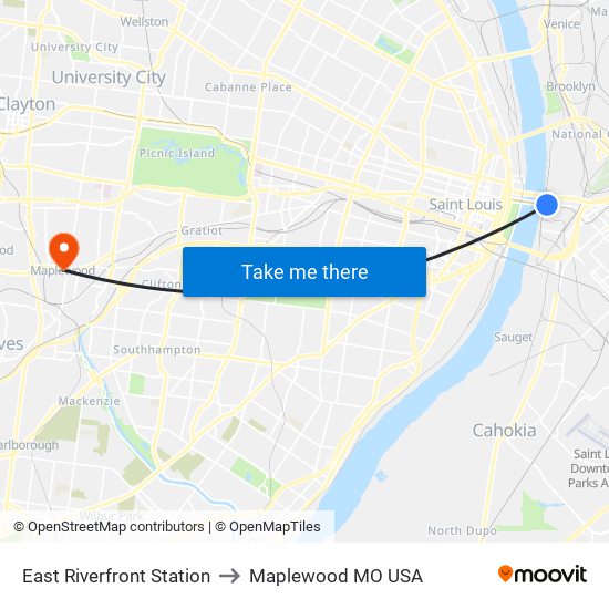 East Riverfront Station to Maplewood MO USA map