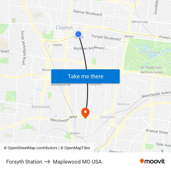 Forsyth Station to Maplewood MO USA map