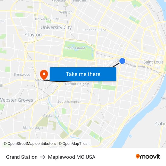 Grand Station to Maplewood MO USA map