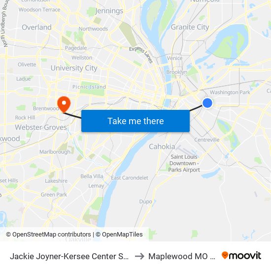Jackie Joyner-Kersee Center Station to Maplewood MO USA map