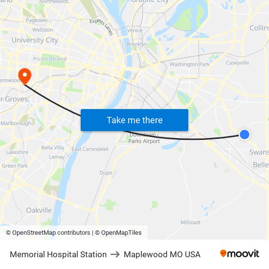 Memorial Hospital Station to Maplewood MO USA map