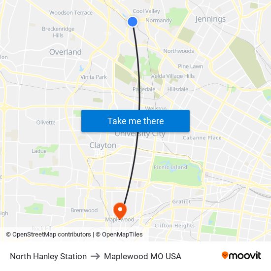 North Hanley Station to Maplewood MO USA map