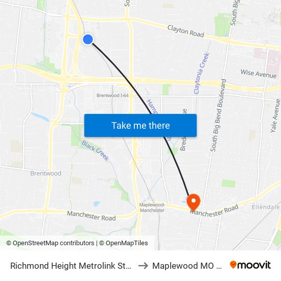Richmond Height Metrolink Station to Maplewood MO USA map