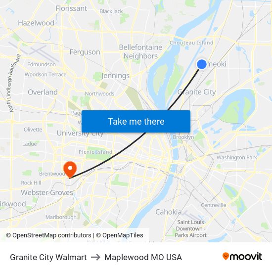 Granite City Walmart to Maplewood MO USA map