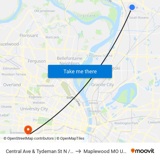 Central Ave & Tydeman St N / E to Maplewood MO USA map