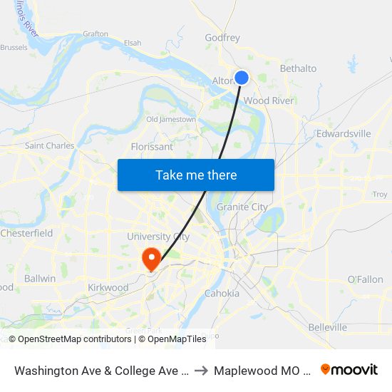 Washington Ave & College Ave N / E to Maplewood MO USA map