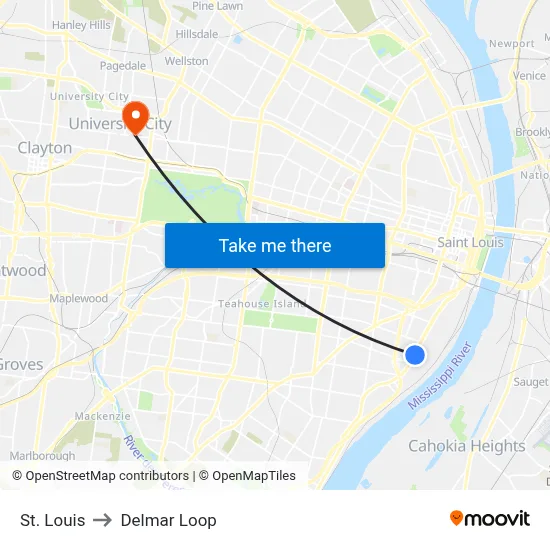 St. Louis to Delmar Loop map