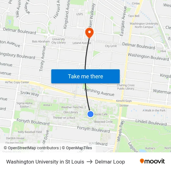 Washington University in St Louis to Delmar Loop map