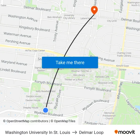 Washington University In St. Louis to Delmar Loop map