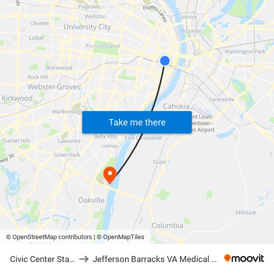 Civic Center Station to Jefferson Barracks VA Medical Center map