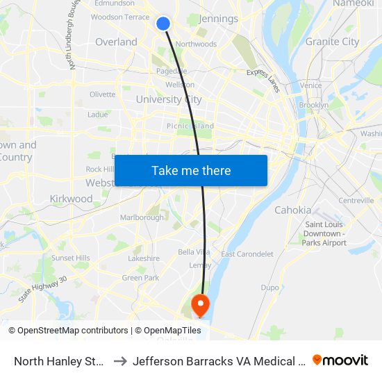 North Hanley Station to Jefferson Barracks VA Medical Center map