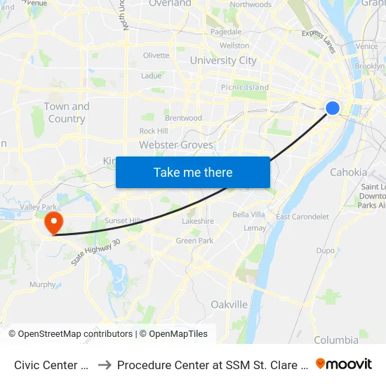 Civic Center Station to Procedure Center at SSM St. Clare Health Center map