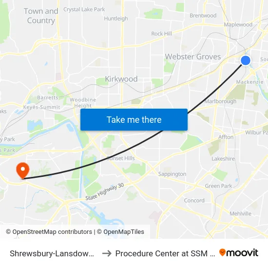Shrewsbury-Lansdowne I-44 Transit Center to Procedure Center at SSM St. Clare Health Center map