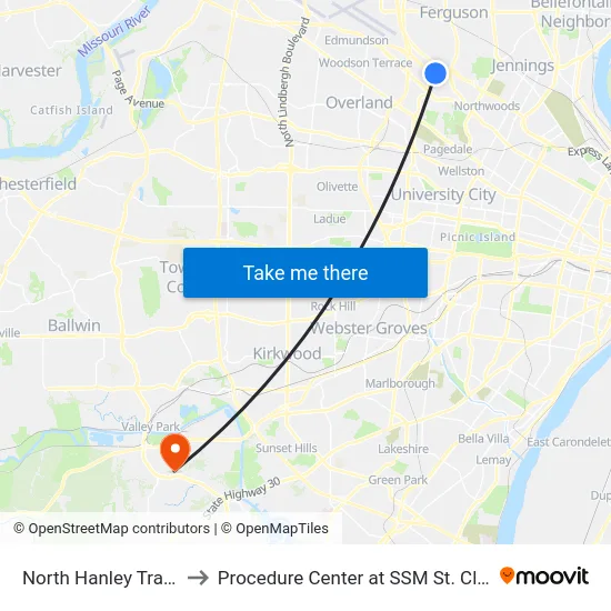 North Hanley Transit Center to Procedure Center at SSM St. Clare Health Center map