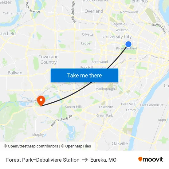 Forest Park–Debaliviere Station to Eureka, MO map