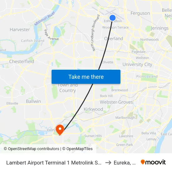 Lambert Airport Terminal 1 Metrolink Station to Eureka, MO map