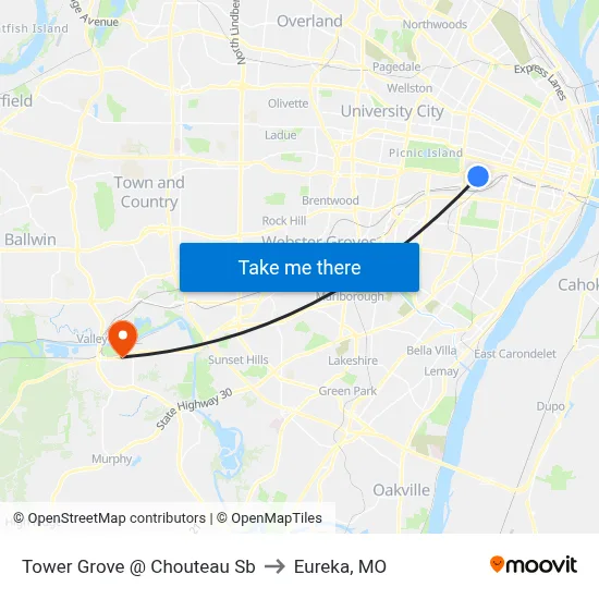 Tower Grove @ Chouteau Sb to Eureka, MO map